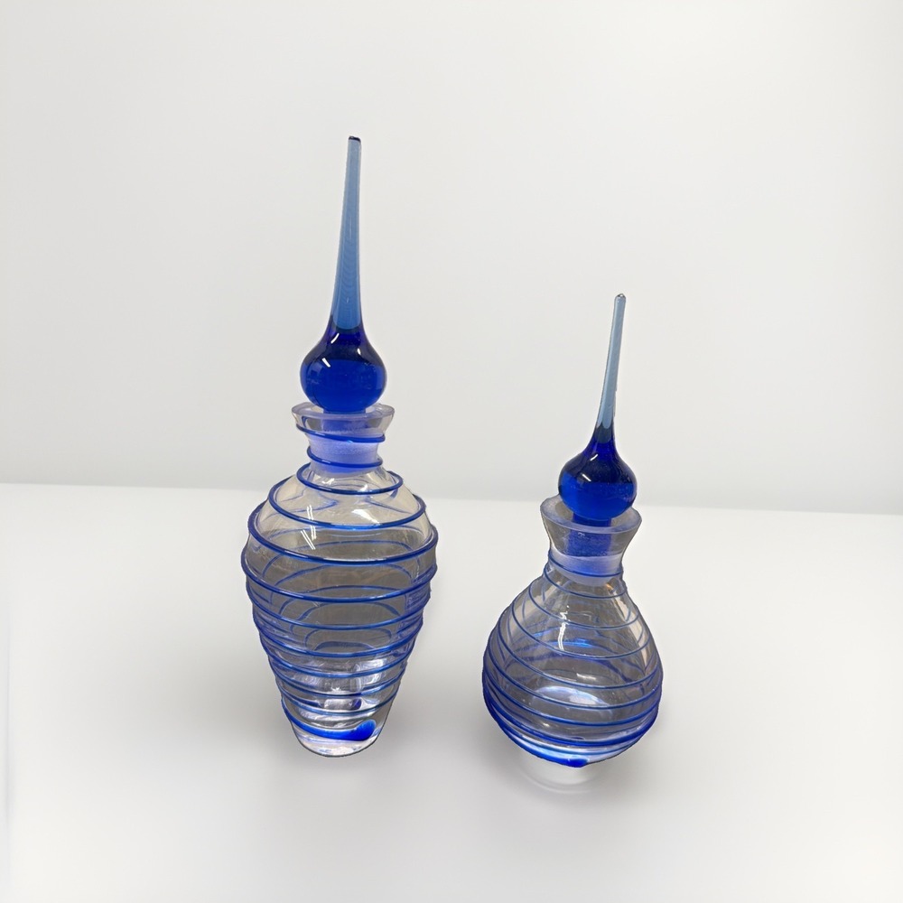 Vintage Handmade Glass,  Blue Perfume Bottles With Stoppers, Set   See Pictures
